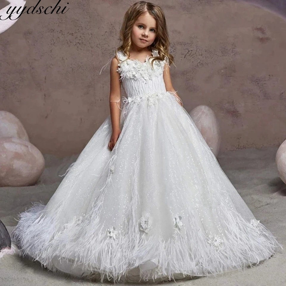 Long Dress Evening Party Flower Girl Wedding Dress 2025 O-neck Birthday Europe Style  Baby Girls Pageant Dress Lace Ball Gown