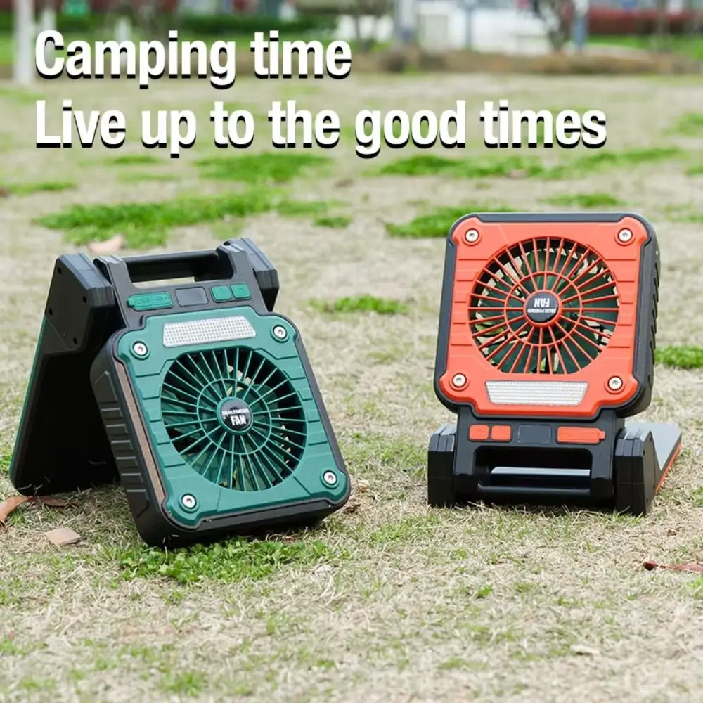 Green/Orange Camping Fan Solar Powered USB Charging Portable USB Fan LED Lights Folding Design Solar Electric Fan Car Camping