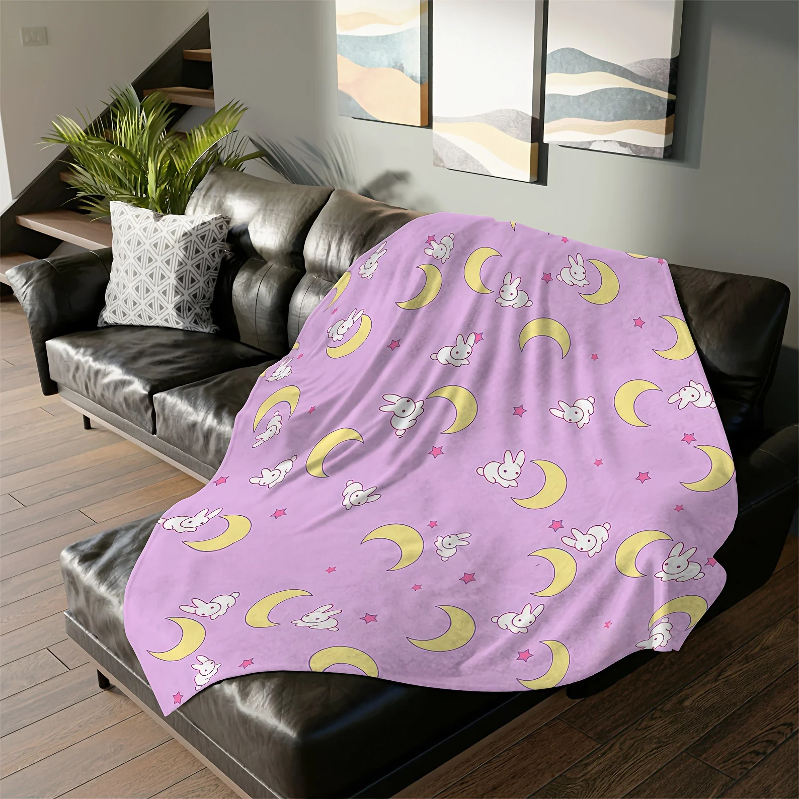 Wende-Flanell-Überwurfdecke, Cartoon-Mond und Kaninchen, weicher, warmer Nickerchenüberwurf für Sofa, Büro, Bett, Camping, Reisen, Winterdecke