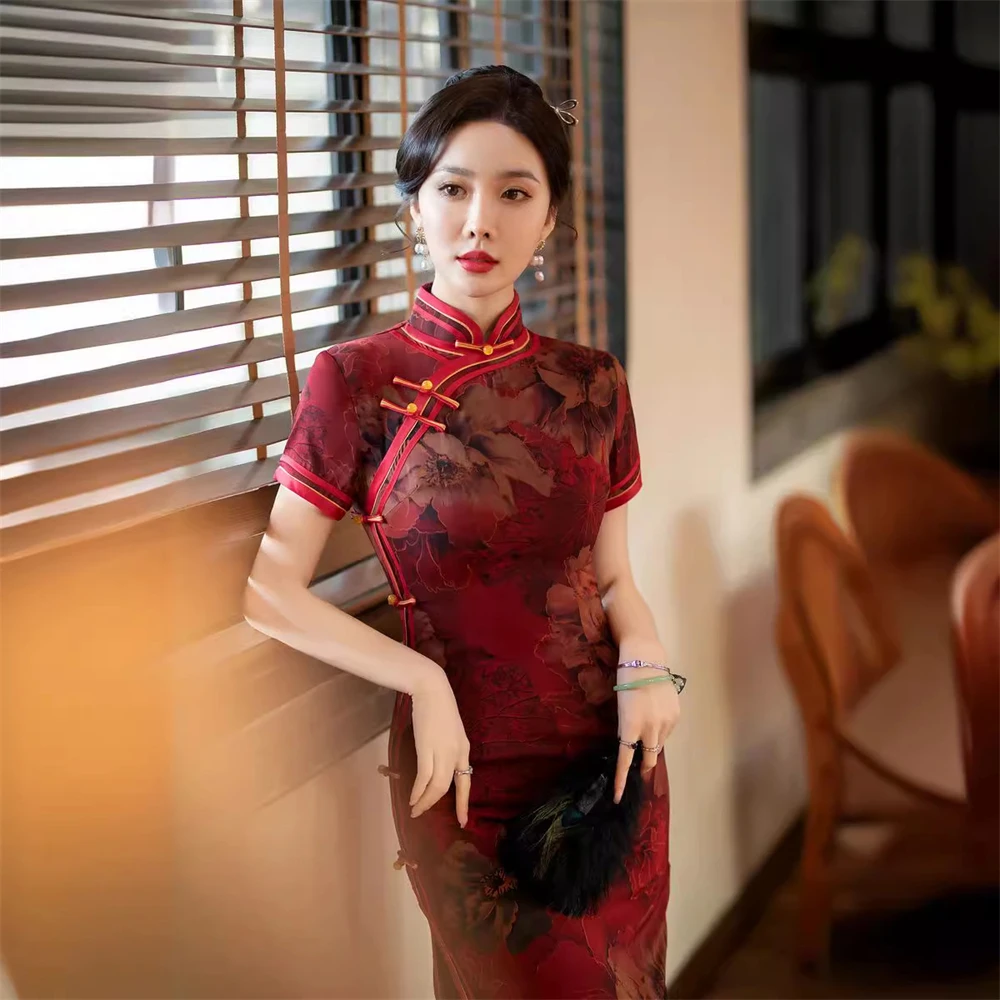 

New Chinese Short-sleeved Cheongsam Spring Summer Traditional Ethnic Style Jacquard Dress Women Daily Qipao Evening Banquet Gown
