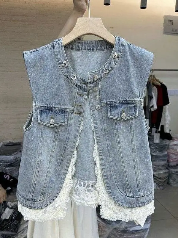 

Джинсовый жилет Heavy Embellied ort, топ, женский модный наряд на бретельках, осенний модный круглый жилет на пуговицах