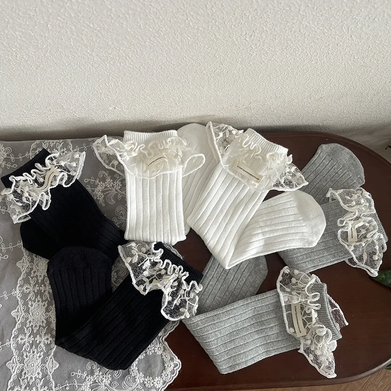 2026 New Summer Kids Calf Socks 3-8T Baby Cute Socks 3 Colors Children Straight Socks Sweet Lace Girls Knee-high Socks