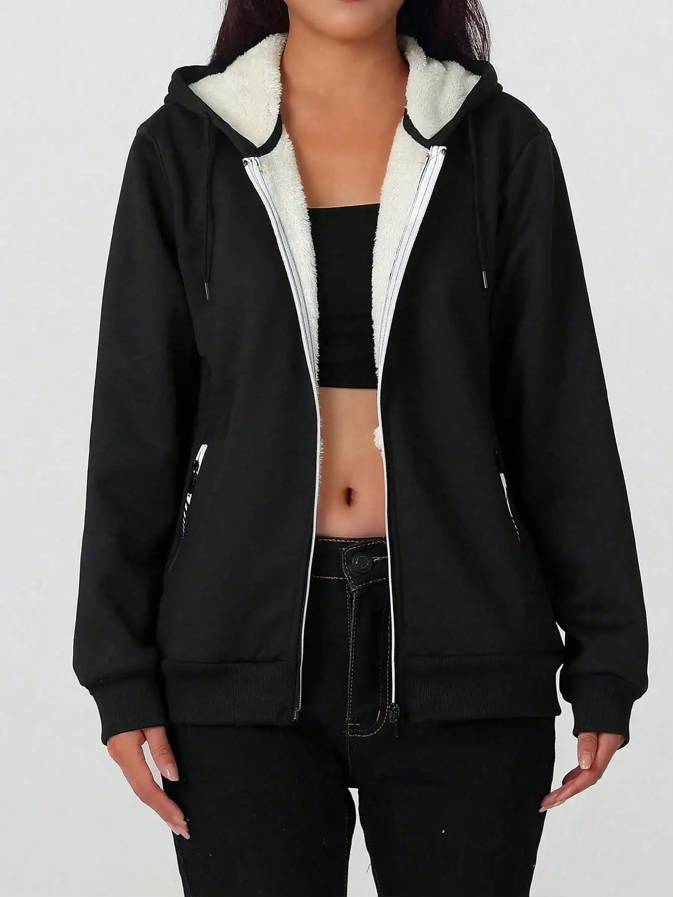 Chaqueta con cremallera y capucha con forro polar para mujer para invierno, ropa informal y al aire libre