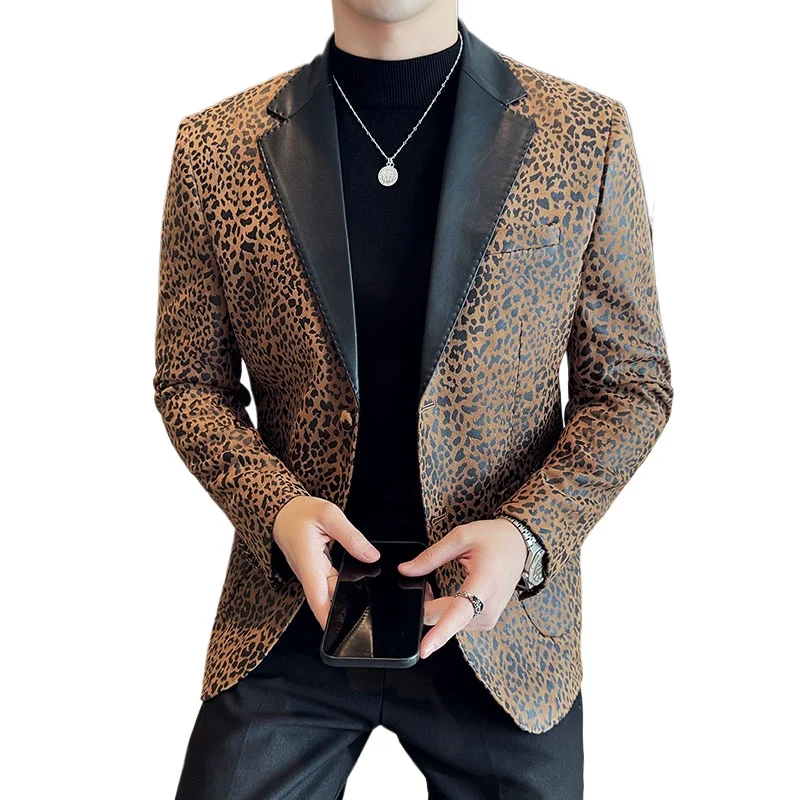 2024 Hot Sale White Leopard Pattern Patchwork Leather Casual Suit Jackets for Men, Fashion Trend Slim Fit Mens Blazer Masculinot