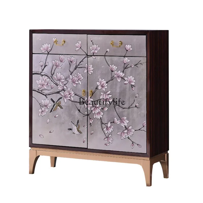 New Chinese-style entrance home paint shoe cabinet painted black sandalwood light luxury living room screen partition cabinet