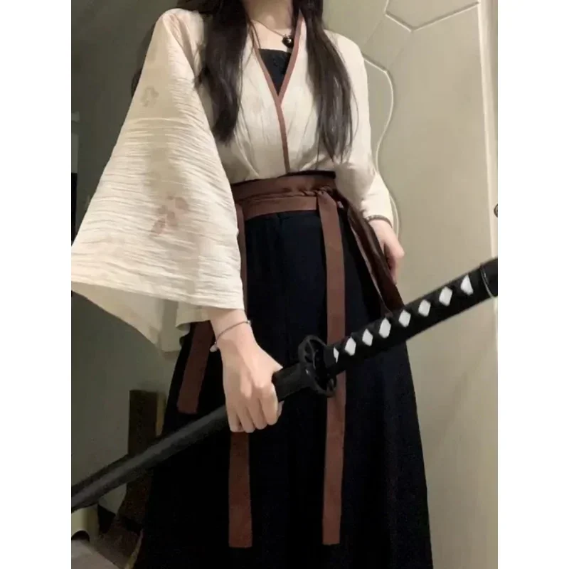 

2026 Summer Improved Cotton Linen Hanfu Dress 3pcs Chinese Traditional Women's Clothing Japanese Lace Up Kimono Cosplay Heroine