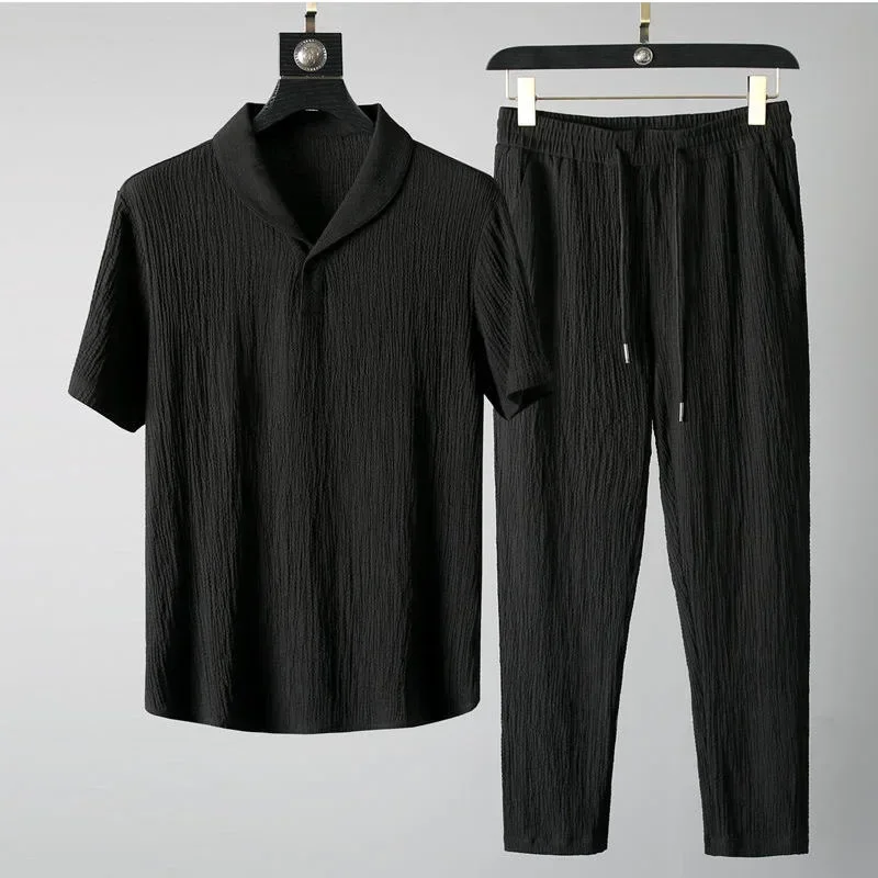 Men's Shirt And Pants Set Business Casual Shirt New Summer Fashion  Casual Striped Loose High Elastic