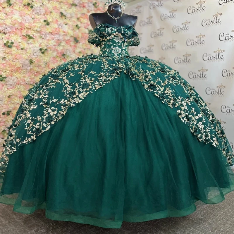 

Sparkly Princess Green Off Shoulder Quinceanera Dresses Sweetheart Gold Lace Applique Sweet 16 Ball Gown Vestidos De 15 Años