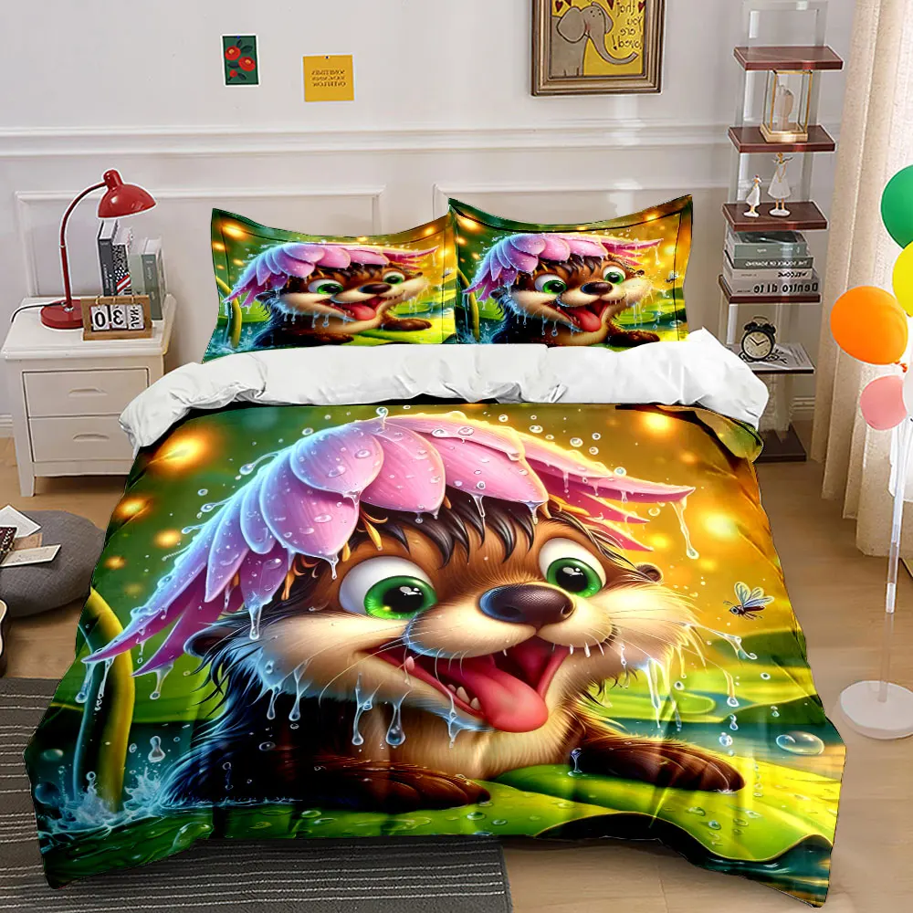 Adorable otter playing on leaf Print Bedding Set 1 Duvet Cover 2 Pillowcases for Adult and Children Luxury Gift Full Size