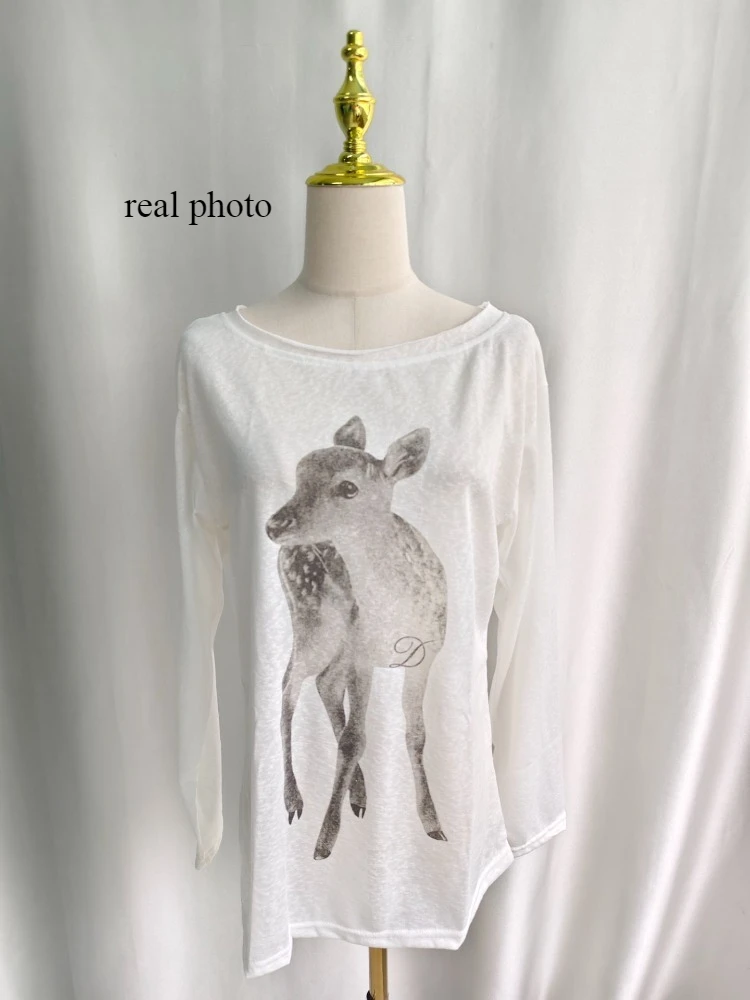 Kimotimo Summer Print Off Shoulder Long Sleeve T-shirt Women 2026 New Casual Transparent Loose Lazy Top Kpop Fashion Y2k Tees image 3