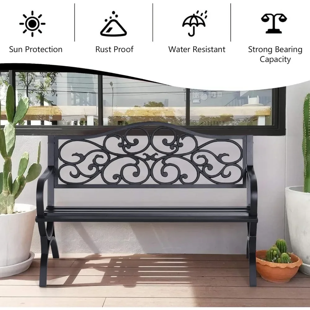 

50" Outdoor Garden Bench, Cast Iron Metal Frame Furniture with Floral Design Backrest for Porch Yard Lawn Deck, Outdoor Benchs