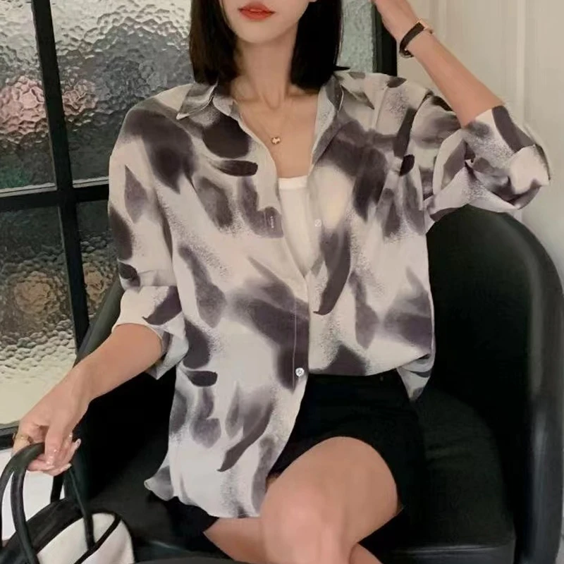 2024 Spring Autumn Women Korean Fashion Print Button Up Shirt Casual Streetwear Design Chic Blouse Female Loose Long Sleeve Tops