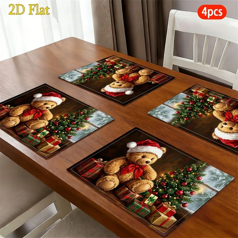 VIKAMA Christmas Linen Placemats, Teddy Bear Santa Gifts Tree, Machine Washable & Heat Resistant, Holiday Dining