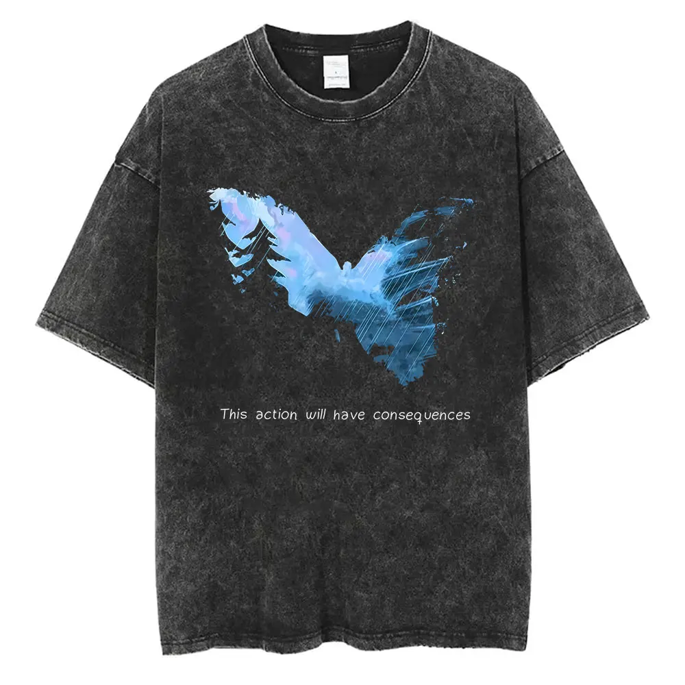 

Game Life Is Strange Butterfly Vintage Washed T Shirt Men Women's Casual Retro Player Clothes Oversized Short Sleeve Streetwear