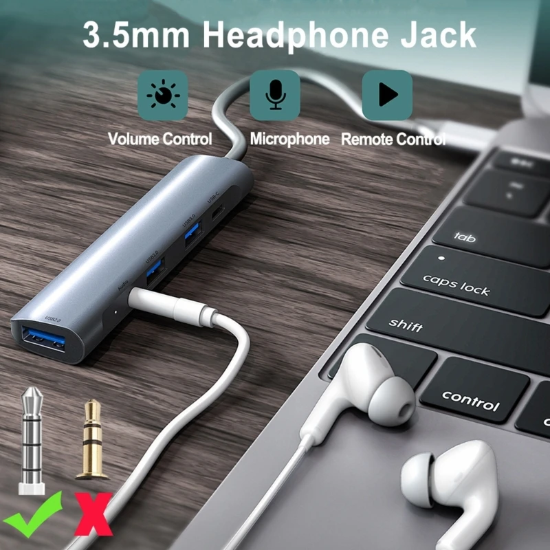  Aluminum Alloy Type C Adapters 5 Port USB3.0 HDTV 4K Output 60WPD Power Delivery