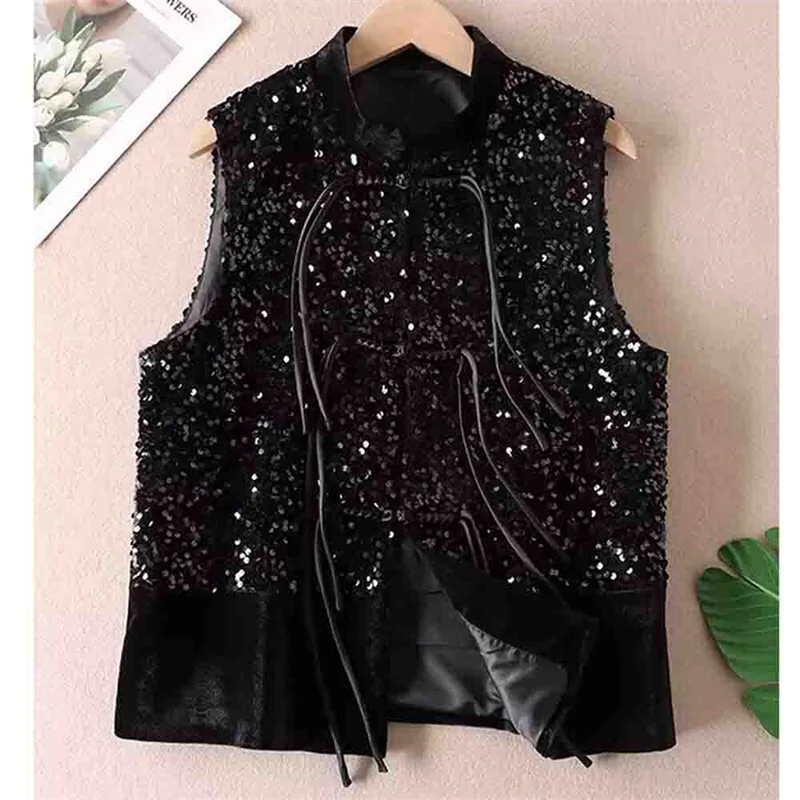 Chinese Style Sequined Vest Jacket Velvet Shining Autumn Premium Sleeveless Coat Women 2024 Shoulder Jacket Black XXXL Fashion