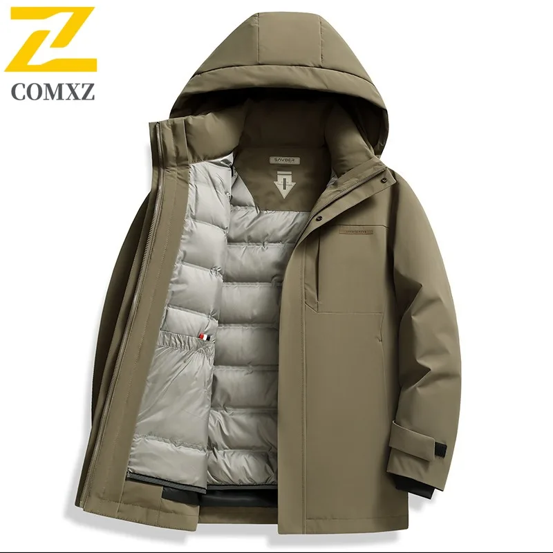 COMXZ Premium Mens Short Down Jacket Detachable Hooded Outdoor Adventure Windproof Parka Fashion Camping Warm Autumn Winter Coat