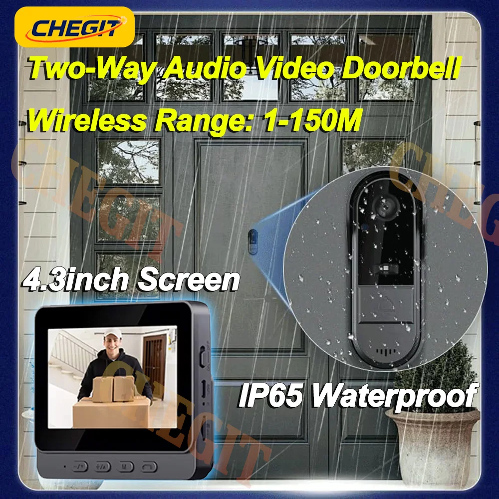 

Беспроводной Wi-Fi дверной звонок, камера 1080P, видеодомофон, дверной звонок, водонепроницаемый 4,3 дюйма, IPS-экран, домашний дверной звонок, ИК-ночное видение