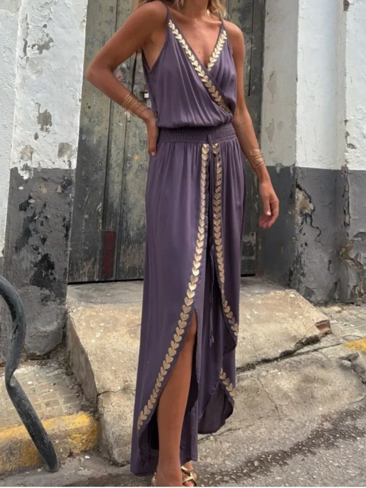 Summer Vintage Gold Ribbon Border High Waist Jumpsuits Elegant Sexy V Neck Loose Suspender Casual Sleeveless Streetwear Romper