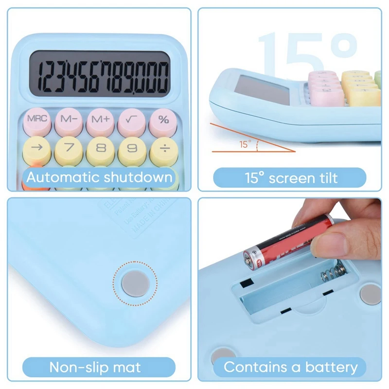 Calculatrice mécanique à bouton-poussoir, 12 chiffres, écran LCD, gros boutons, facile à appuyer, couleur bonbon, bleu, facile à utiliser