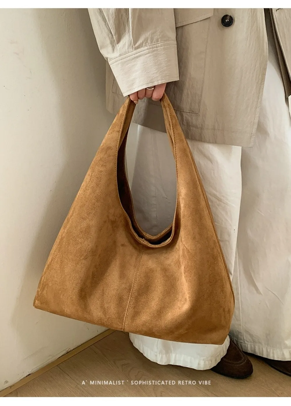 Lässige Retro-Damen-Schultertasche aus Wildleder mit großem Fassungsvermögen, einfarbige Shopper-Tasche – Detail 9