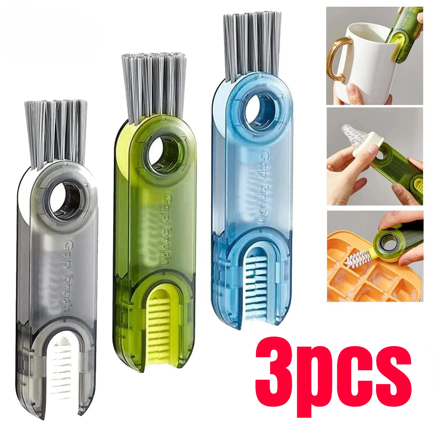 3pcs 3-in-1 Cleaning Brush Water Bottle Lid Cleaning Brush Multi-Purpose U-Shaped Cup Crevice Cleaning Tools Silicone Cleaner