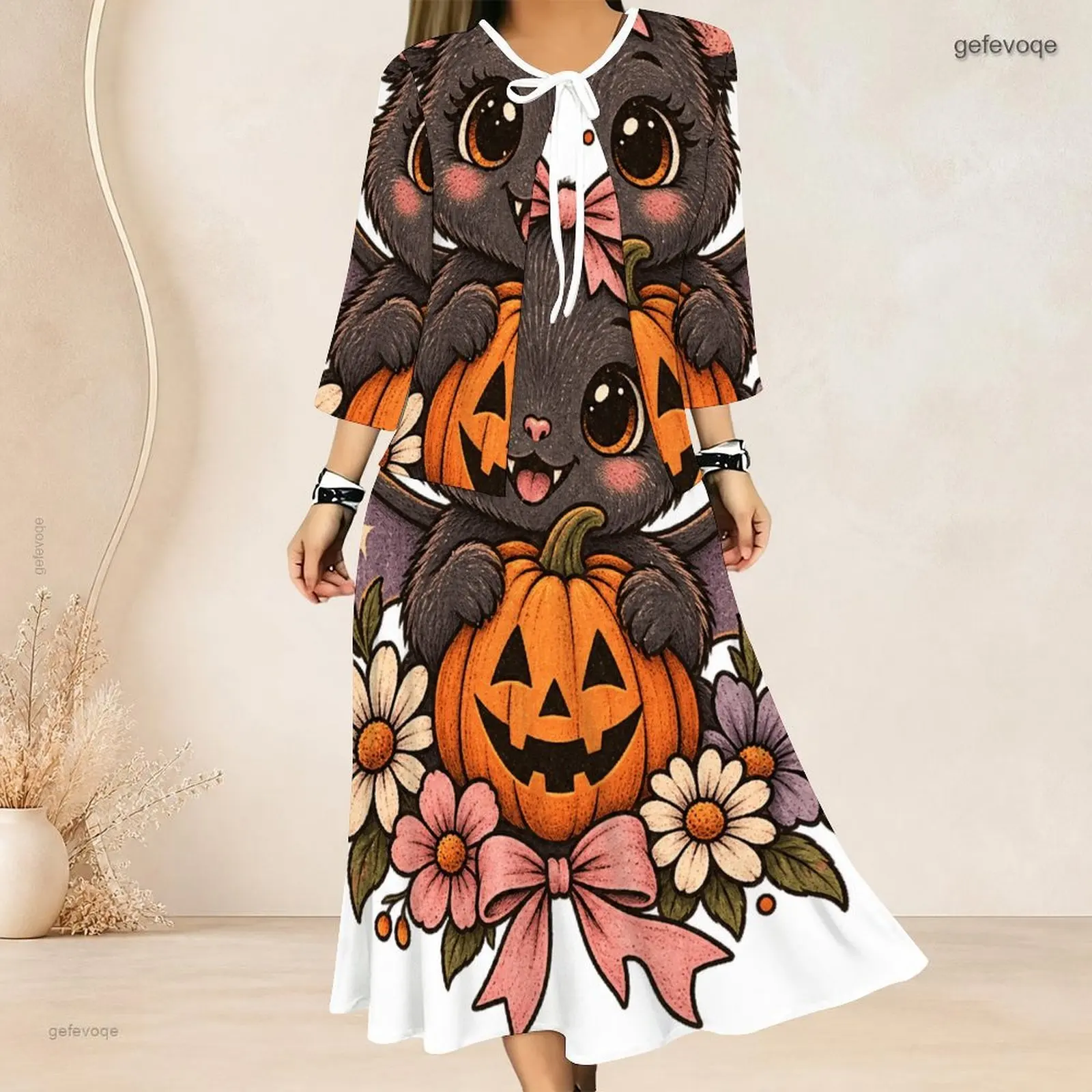 Women 3/4 Sleeve Two Piece Dress Set, Cartoon Ghost Panda Pumpkin Candy Pail Printed Long Dress Outfit