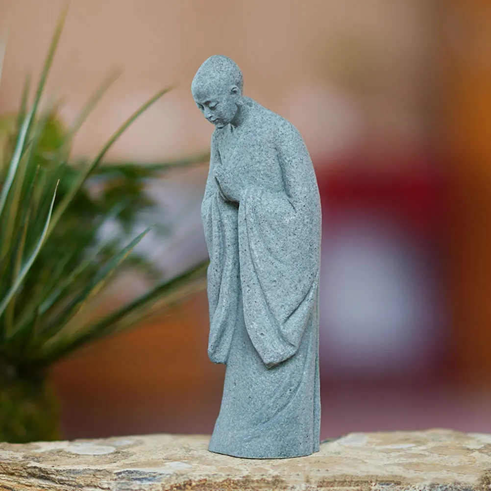 

2pcs Monk Statue Stone Mini Zen Garden Monk Sculpture Decor Desktop Garden Home Tea Table Ornament Light Grey