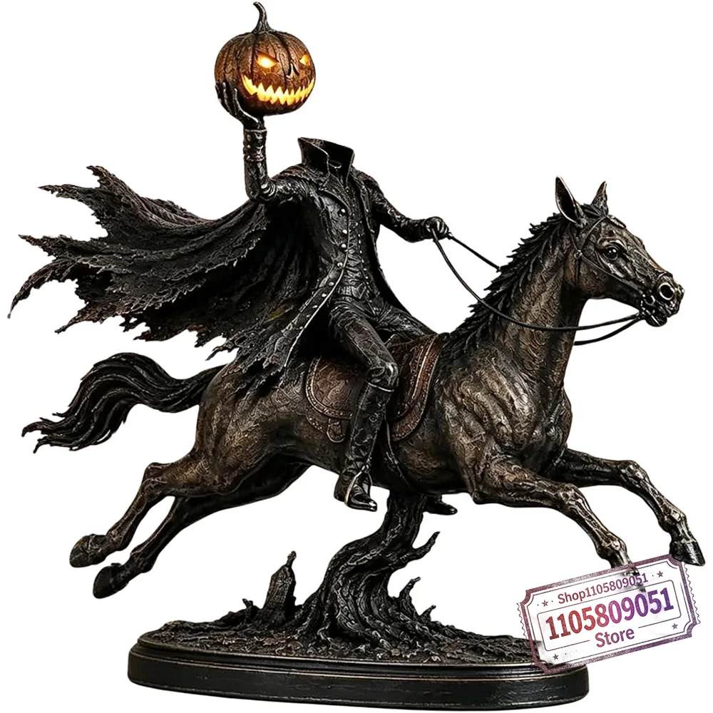 25cm Lighted Headless Horseman Statue Glowing Pumpkin‑Head Horse‑Rider Figurine Spooky Gothic Tabletop Halloween Home Decoration