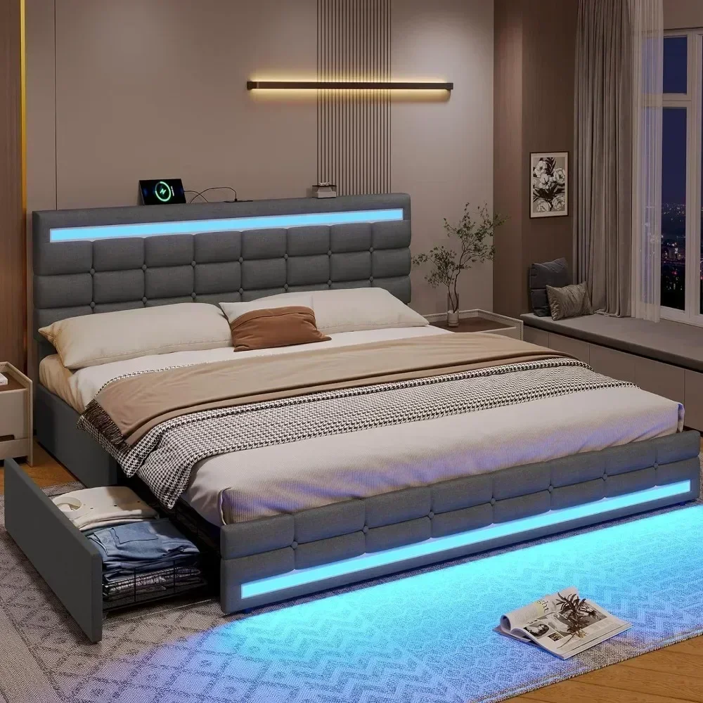 Bed Frame with LED Upholstered Platform and Storage Drawers, USB Ports, Dark Grey Bed Frame