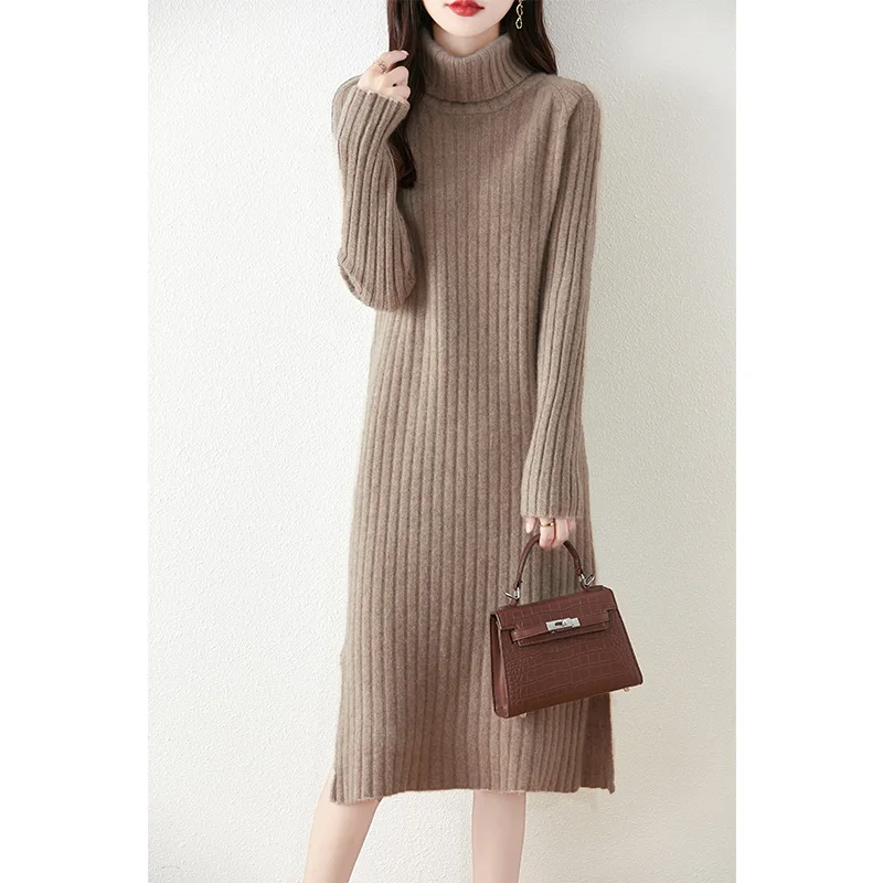 

New Medium To Long Wool Dress For Women Solid Color Long Sleeved Slim Fit Wool Dress Round Neck Pullover Tp