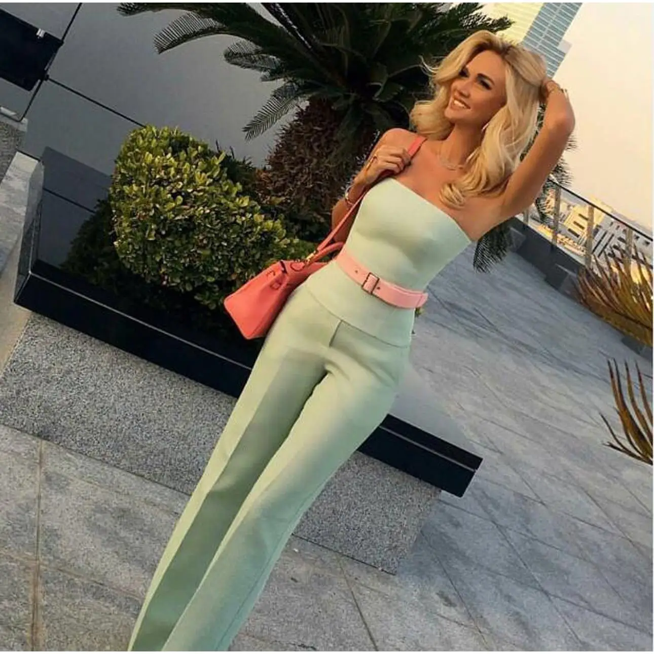 

Women's Flat oulder Chest Wrapped Waist Cinched Wide Long Pants Low Waist Design Polyester Fiber Autumn Collection