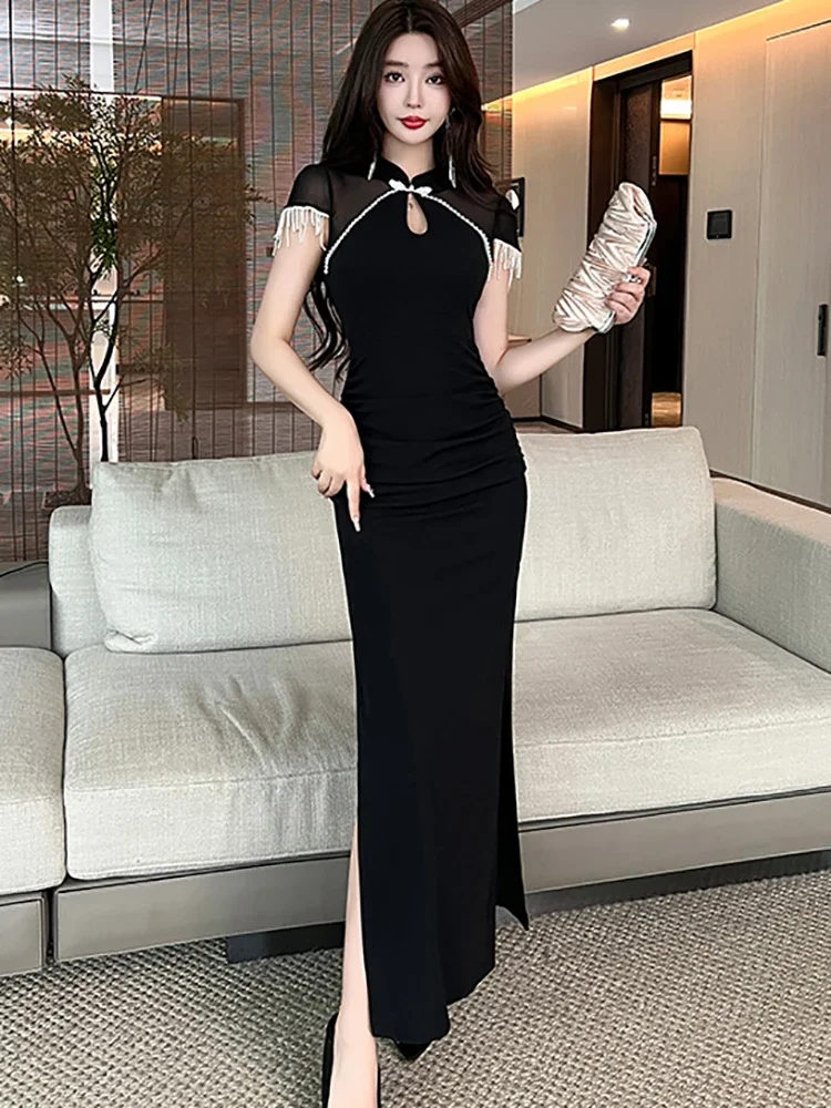 Women Elegant Diamonds Tassel Short Sleeve Robe 2025 Korean Vintage Luxury Cheongsam Dress Summer Red Patchwork Sheer Sexy Dress