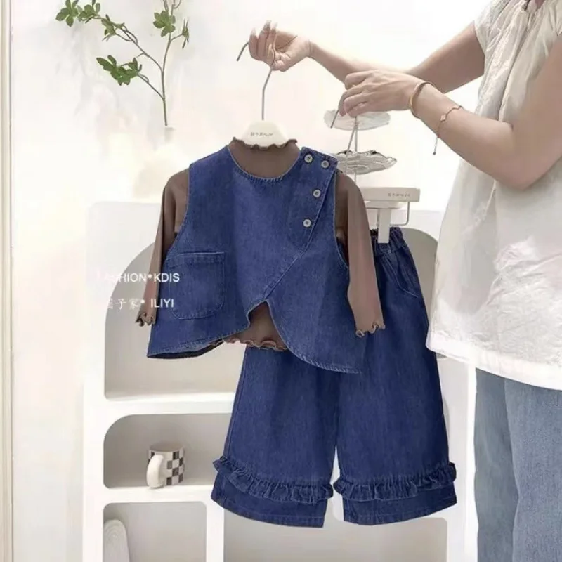 

Girls' Autumn New Fashionable Spring and Autumn Forest Style Top+Children's Denim Three-Piece Pants Set Trendy