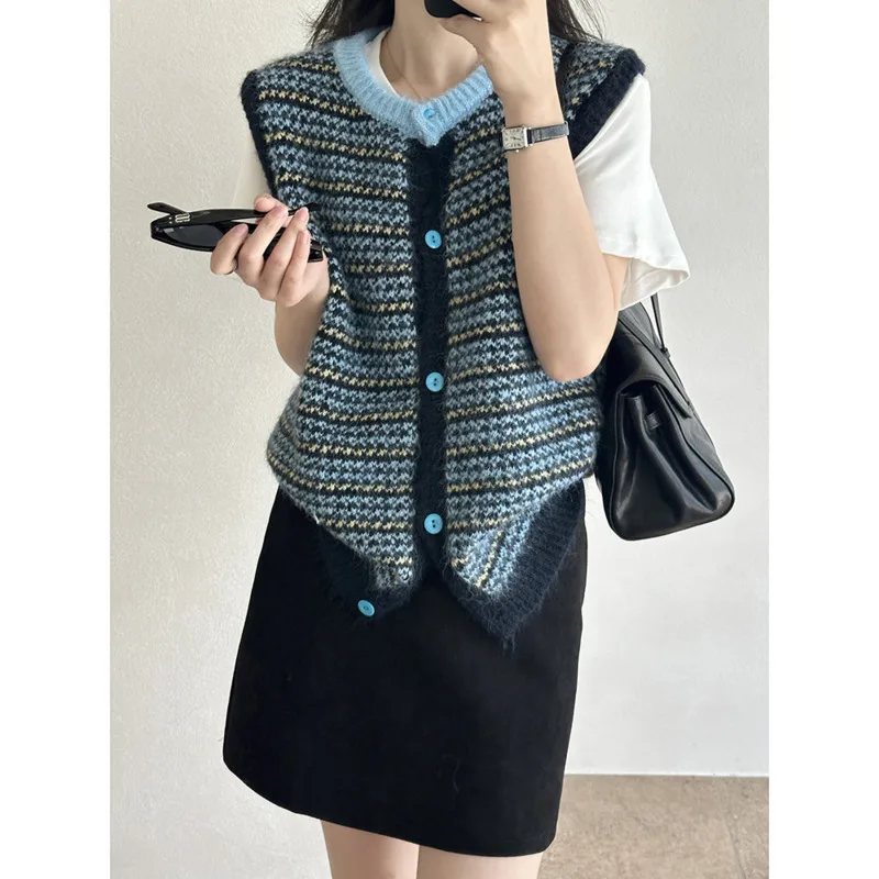 Retro Striped Knitted Vest Women Autumn Color Block Round Neck Single Breasted Sleeveless Sweater Top