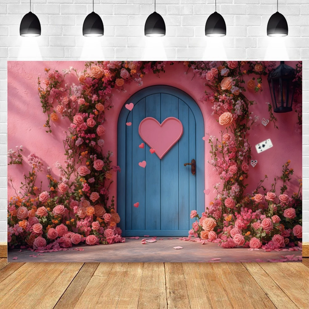 Valentine's Day Photography Backdrop Flowers Vintage Wood Door Rose Love Heart Sweet Couple Portrait Photo Background Photobooth