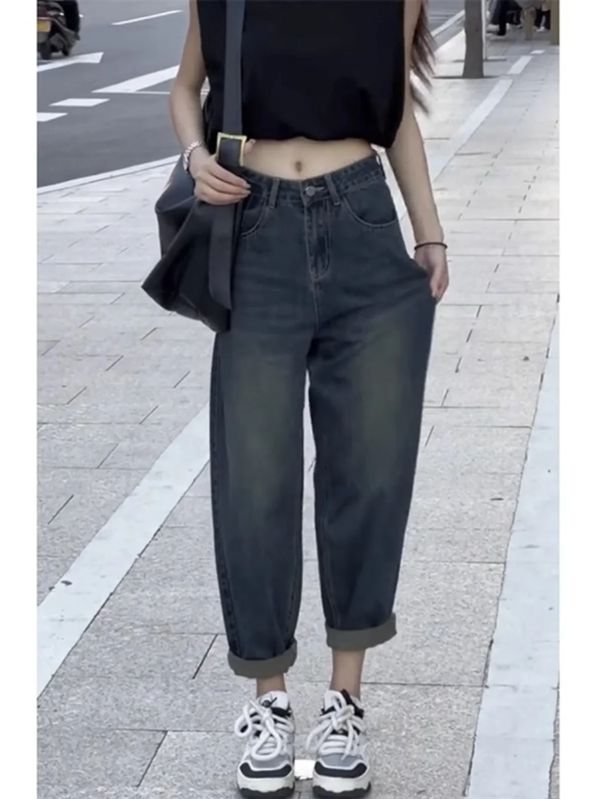 여성용 Fce 안감 처리된 하란 데님 진 하이웨이스트 롱 팬츠 루즈핏 슬림 빈티지 아메리칸 대디 스타일