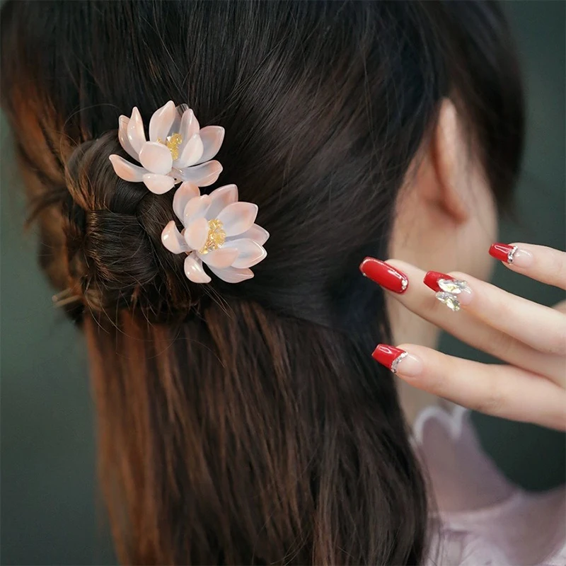 1Pair Vintage Hairpin Glazed Flower Tiara Chinese Hanfu Hair Accessories Lotus Shaped U-shaped Hair Forks Retro Hanfu Headwear