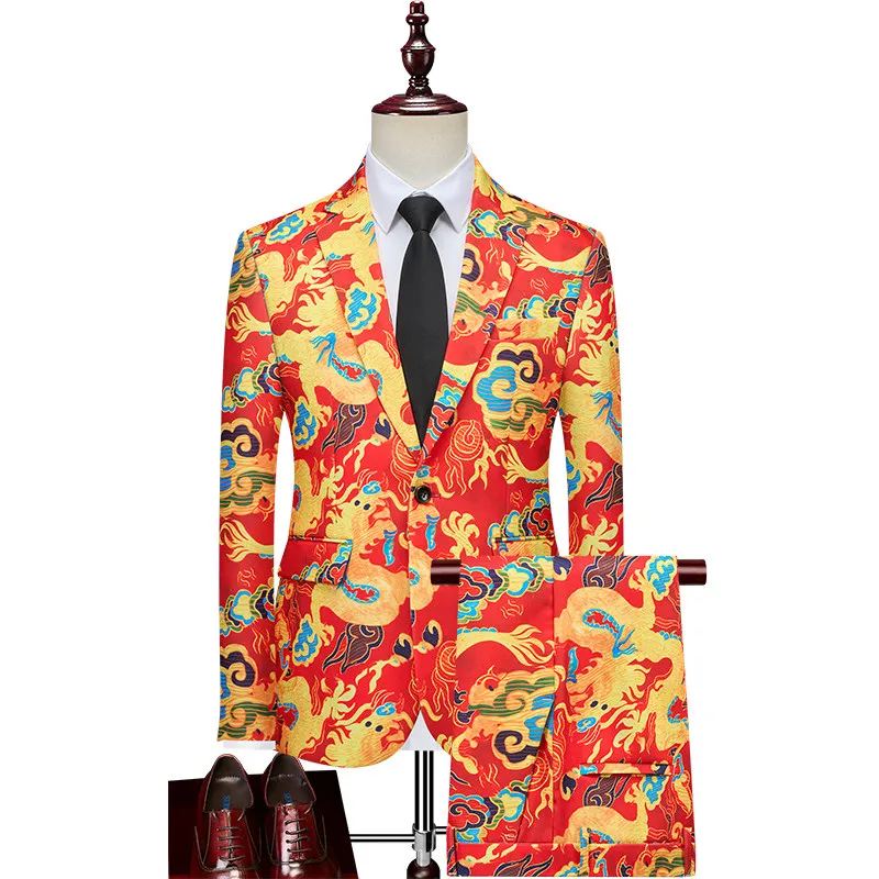 

Stage Performance Men's Slim Fit Fashionable Suit Jacket with Pattern Youth Style Two-Piece Set for Autumn Business Casual