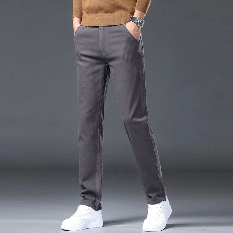 الرجال الذكية عارضة منتصف الارتفاع الجينز الذكور فضفاض مستقيم مرونة الدنيم السراويل الراقية الأزياء الطين الأصفر السراويل #3