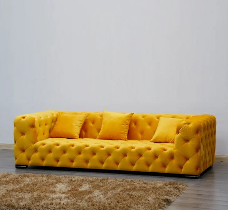 Gelbes Samt Chesterfield Sofa 3 Sitzer für Wohn möbel gelbes Chesterfield Sofa