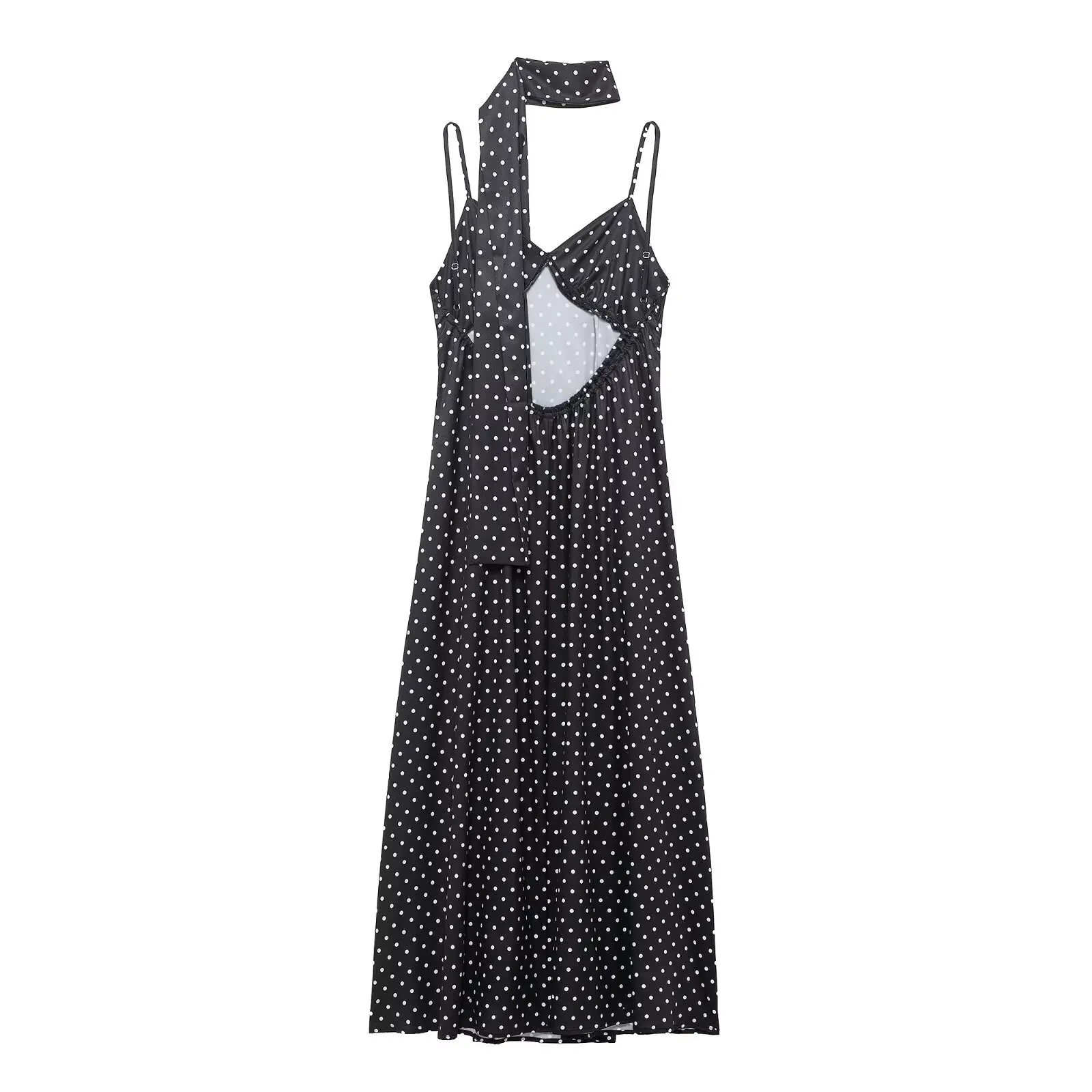 2026 Donne di Modo di Estate Elegante Lace-up Croce Backless Polka Dot Stampa Sciarpa Con Scollo A V Senza Maniche A-line Cami Slip Abito Lungo