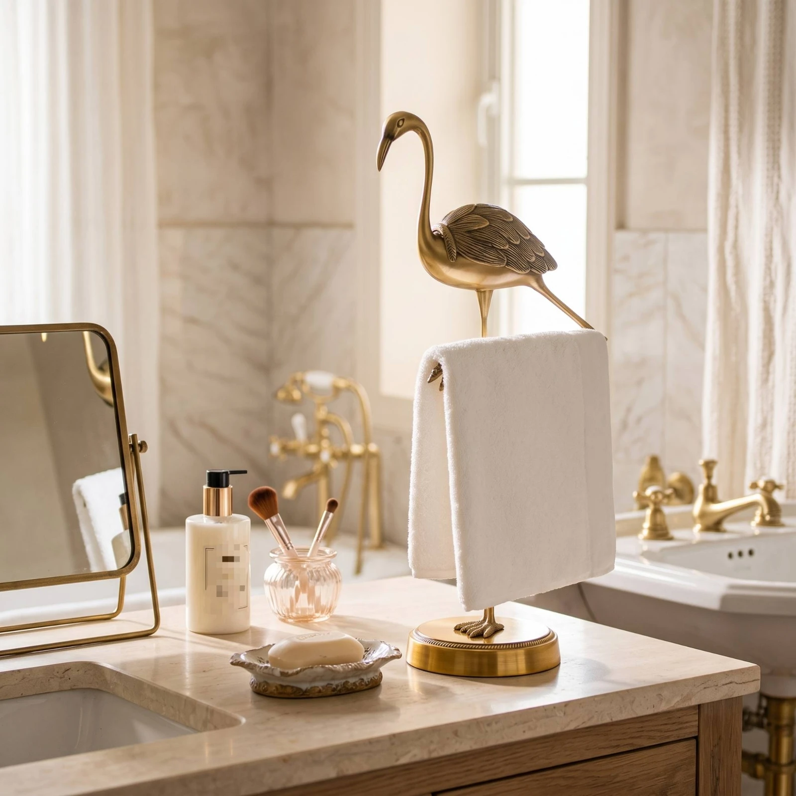 crane-towel-stand-freestanding-countertop-towel-rack-hardware-gold-toned-sculptural-for-homeowners-bathroom-counter-vanity