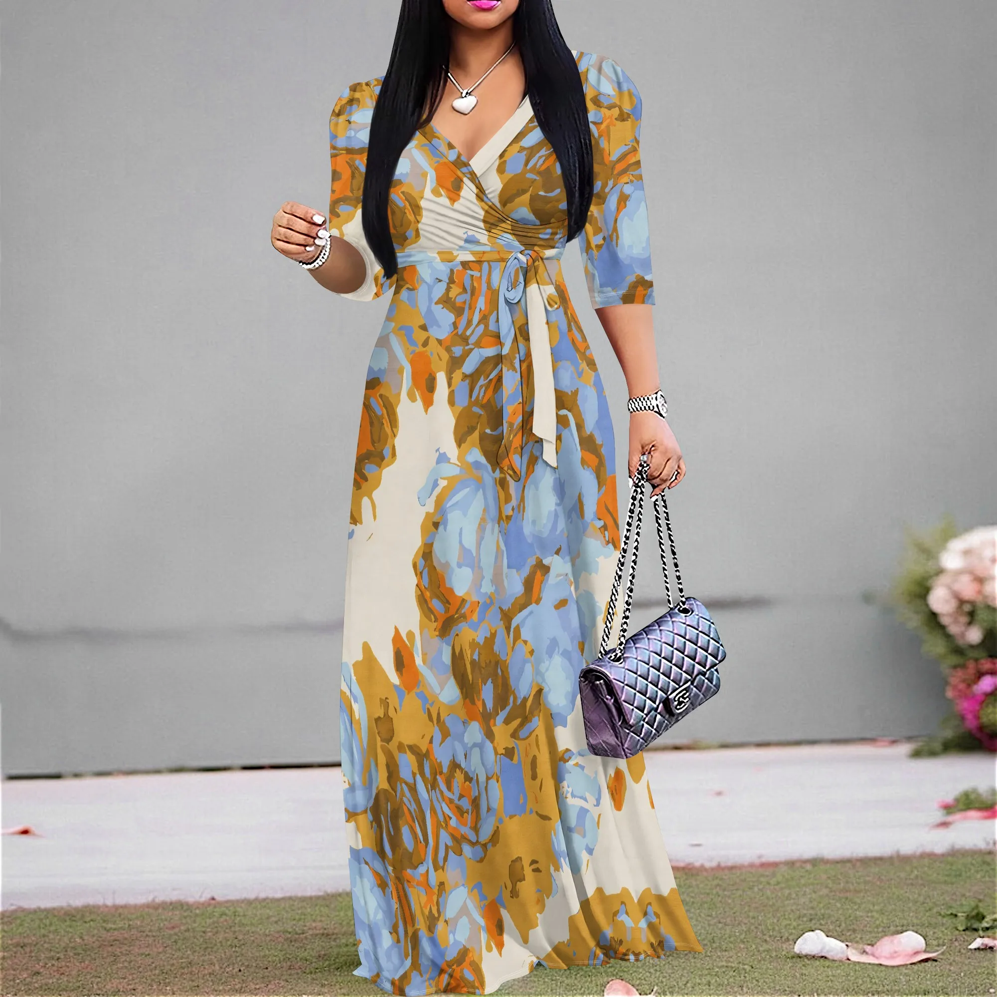 

Women's Burgundy Floral Wrap Maxi Dress Long Sleeve Summer Bohemian