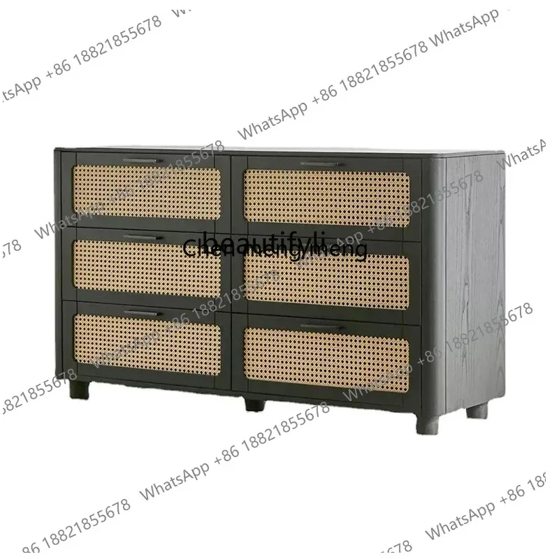 03 French solid wood six-chest cabinet, rattan storage, wabi-sandy wind small apartment household porch drawer locker