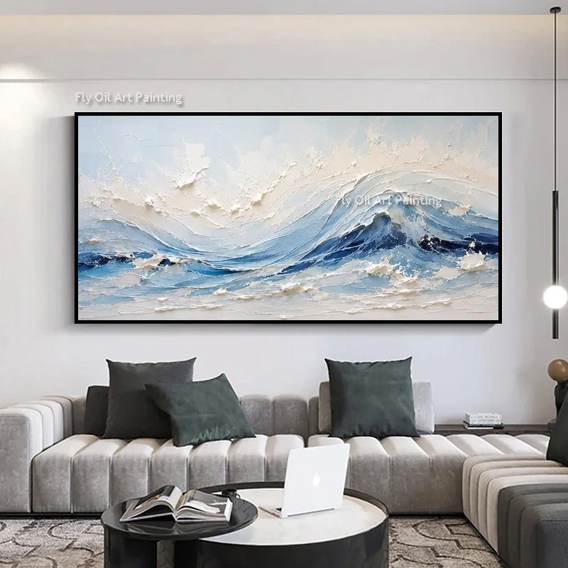 Handmade Canvas Wall Art Palette Knife Ocean Oil Painting Heavy Impasto Wave Canvas Wall Decor For Home