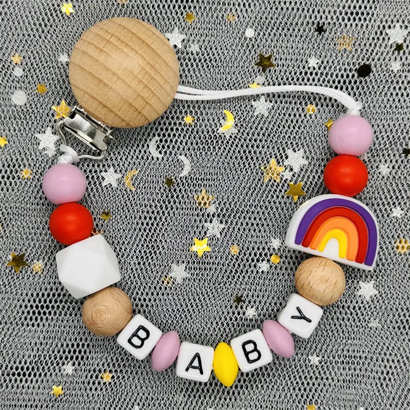 Personalized Pacifier Clip Baby Name Silicone Rainbow Pacifier Clip Colorful Pacifier Chain Teething Toys  BPA Free Newborn Gift