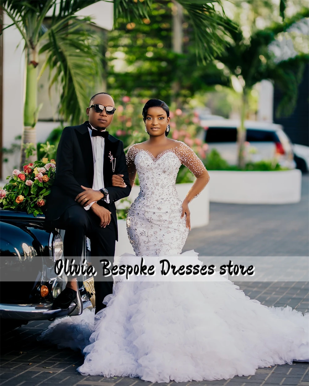 Notevole perline strass abito da sposa maniche lunghe tulle increspato treno Aso Ebi sirena abito da fidanzamento africano personalizzato