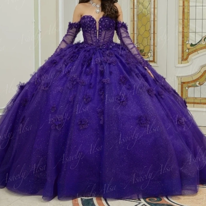 Vestido de fiesta púrpura de lujo para mujer, manga larga, cuentas de flores, ilusión, vestido de baile, dulce 15 quinceañera