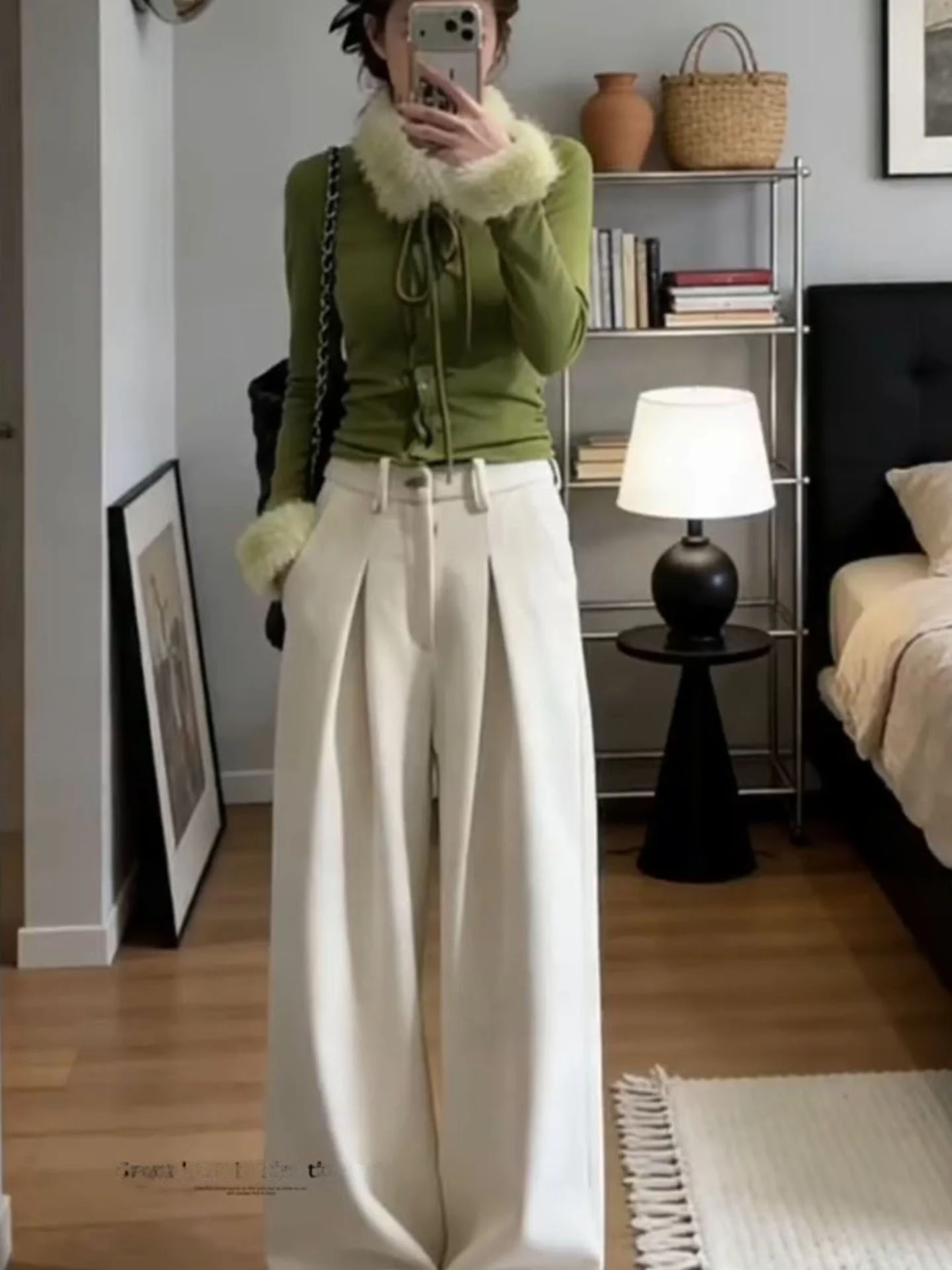 

Spring Faion Knitted ort Coat And Wide Leg Pants Women's Two-Piece Set High Waist Pure Color Casual Sle Winter to Spring